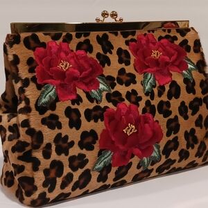 Leopard Print Clutch with Red Floral Accents